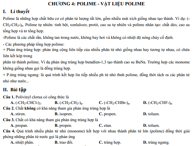 Lý thuyết, bài tập trắc nghiệm Polime - vật liệu Polime